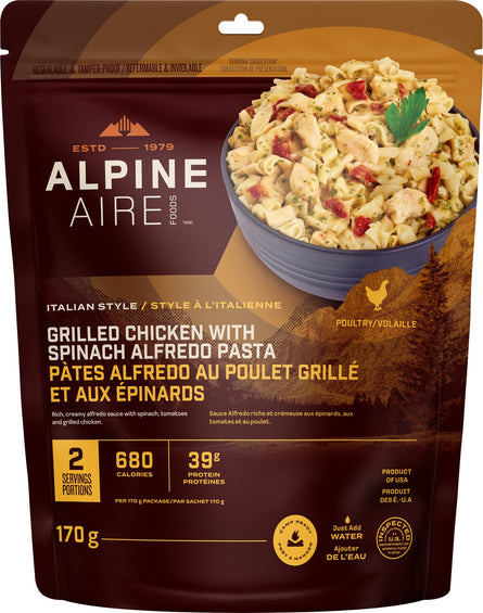 AlpineAire Foods Pâtes Alfredo au poulet grillé et aux épinards