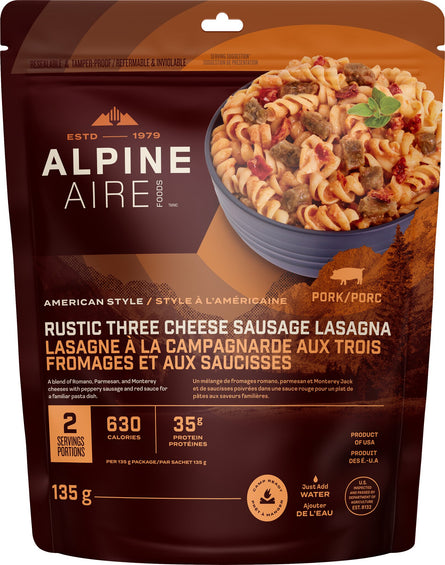 AlpineAire Foods Lasagne à la campagnarde aux trois fromages et aux saucisses