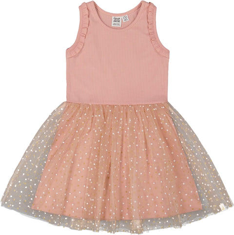 Deux par Deux Robe bi-matière avec jupe en tulle imprimé à pois - Petite Fille