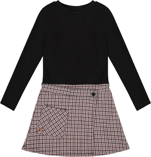Deux par Deux Robe bi-matière Noir et Pied-de-poule - Petite fille