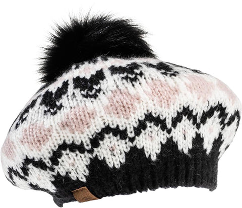 Harricana Bonnet béret en tricot épais avec pompon en fourrure recyclée - Femme