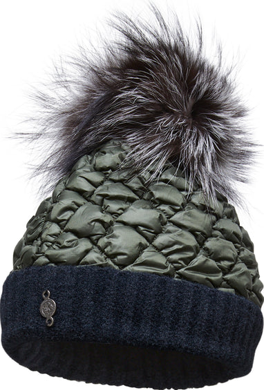 Harricana Tuque puffy avec bord tricoté et pompon en fourrure recyclée - Femme