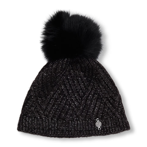 Harricana Tuque en chevron avec pompon en fourrure recyclée - Femme
