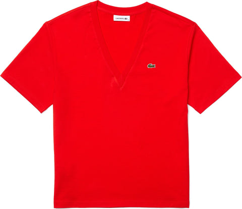 Lacoste T-shirt à col V en coton premium (saison précédente) - Femme