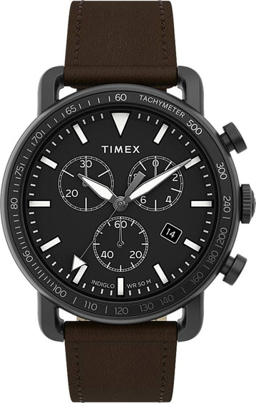 Timex Montre Port Chronographe 42 mm - Bracelet en cuir - Noir/brun