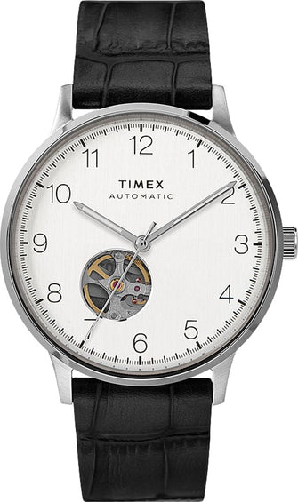 Timex Montre Waterbury Classic Automatique 40 mm - Bracelet en cuir - Acier inoxydable/noir/ton argent