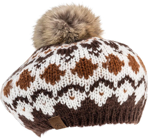 Harricana Bonnet béret en tricot épais avec pompon en fourrure recyclée - Femme